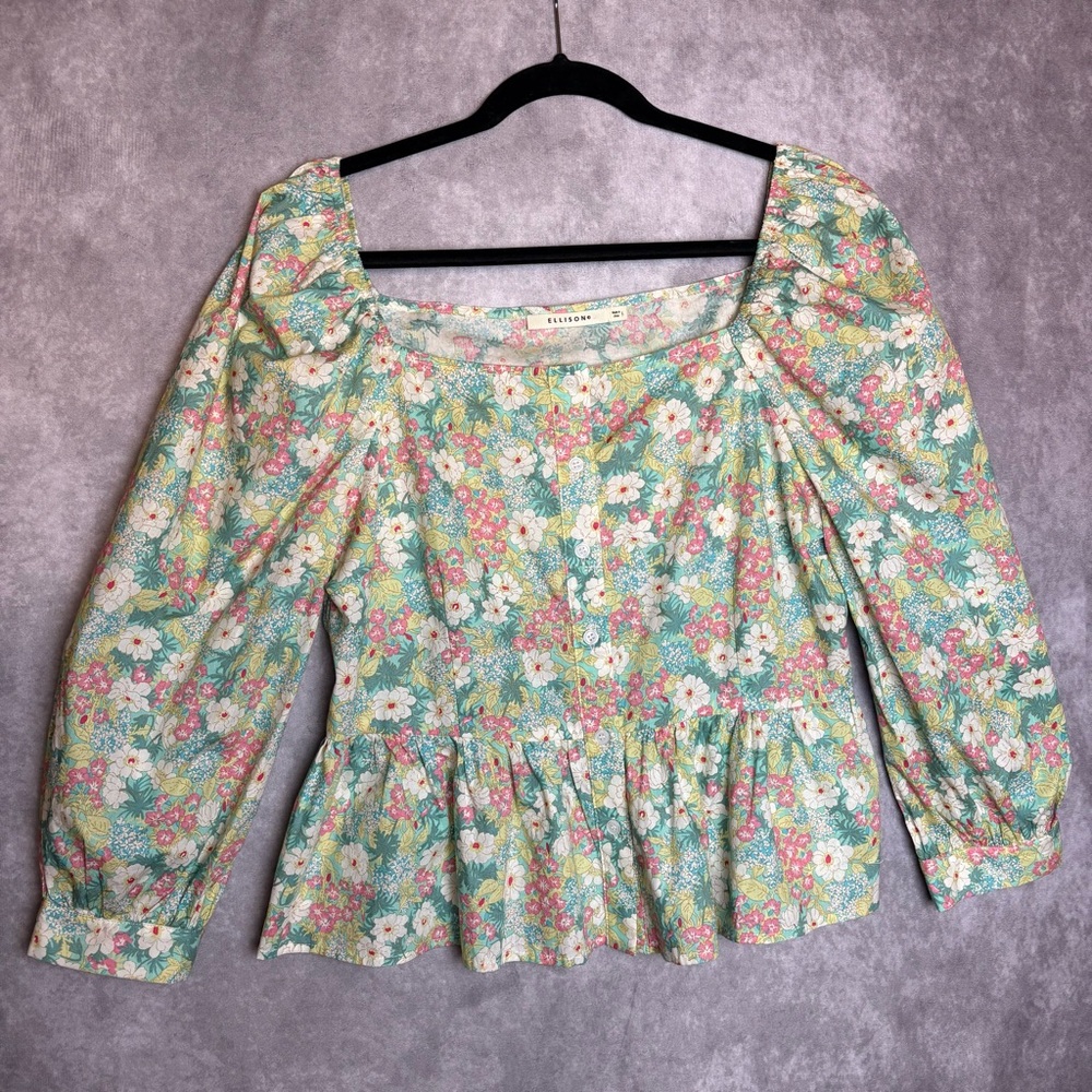 Ellison Cottagecore Cotton Puff Sleeve Floral Pink and Green Blouse SZ Large